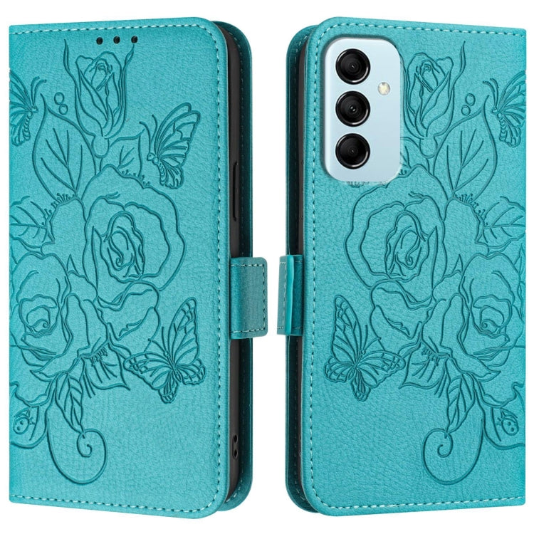 For Samsung Galaxy M14 5G Global Embossed Rose RFID Anti-theft Leather Phone Case