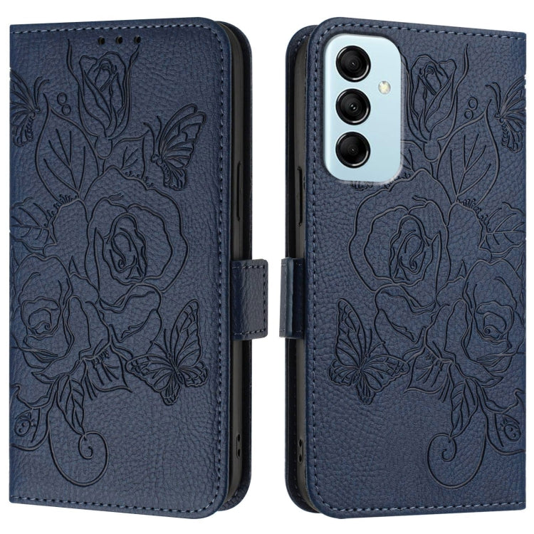 For Samsung Galaxy M14 5G Global Embossed Rose RFID Anti-theft Leather Phone Case