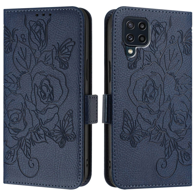 For Samsung Galaxy M32 4G Global / M22 Embossed Rose RFID Anti-theft Leather Phone Case