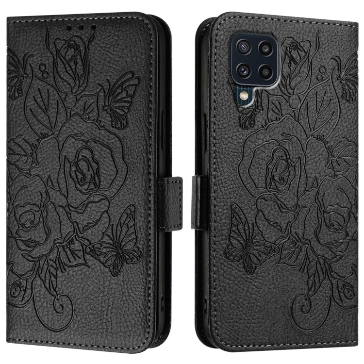 For Samsung Galaxy M32 4G Global / M22 Embossed Rose RFID Anti-theft Leather Phone Case