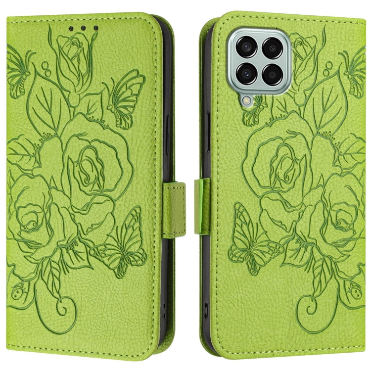 For Samsung Galaxy M33 5G Global Embossed Rose RFID Anti-theft Leather Phone Case