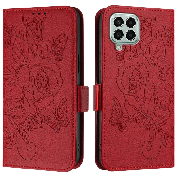 For Samsung Galaxy M33 5G Global Embossed Rose RFID Anti-theft Leather Phone Case