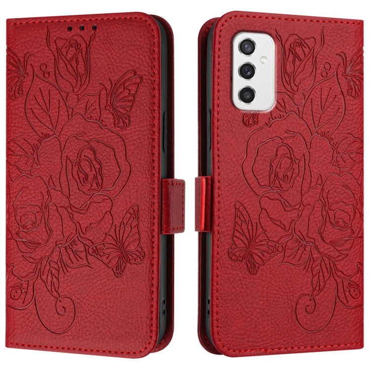 For Samsung Galaxy M52 5G Embossed Rose RFID Anti-theft Leather Phone Case