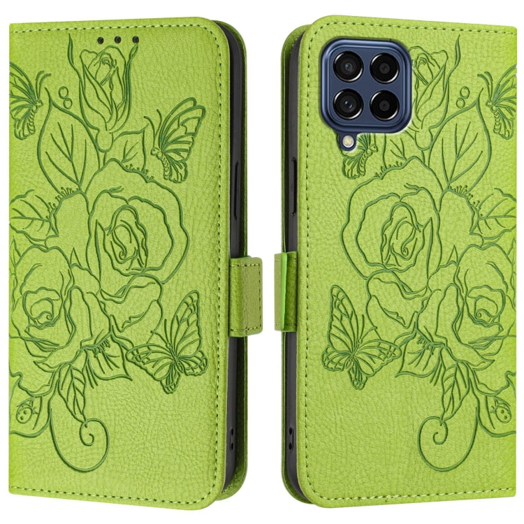 For Samsung Galaxy M53 5G Embossed Rose RFID Anti-theft Leather Phone Case