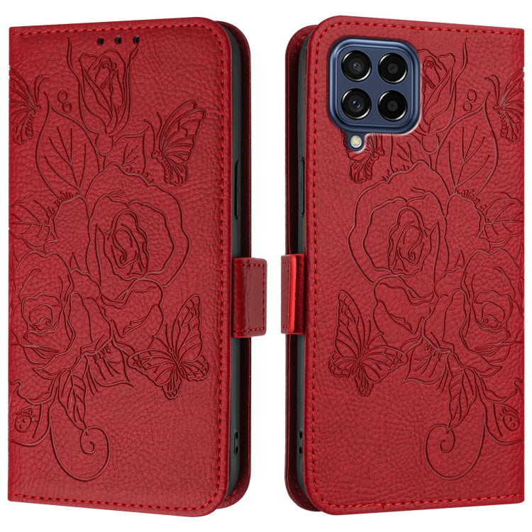 For Samsung Galaxy M53 5G Embossed Rose RFID Anti-theft Leather Phone Case