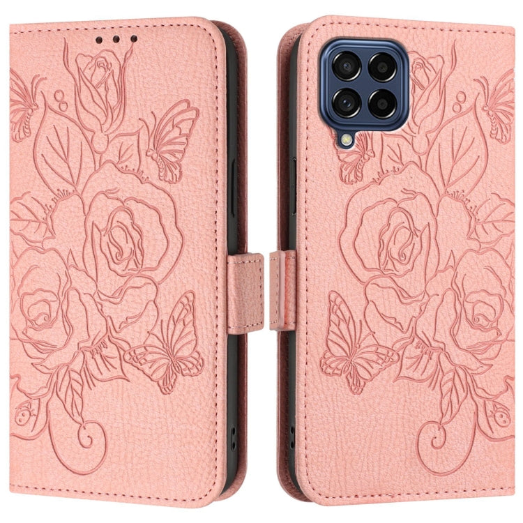 For Samsung Galaxy M53 5G Embossed Rose RFID Anti-theft Leather Phone Case