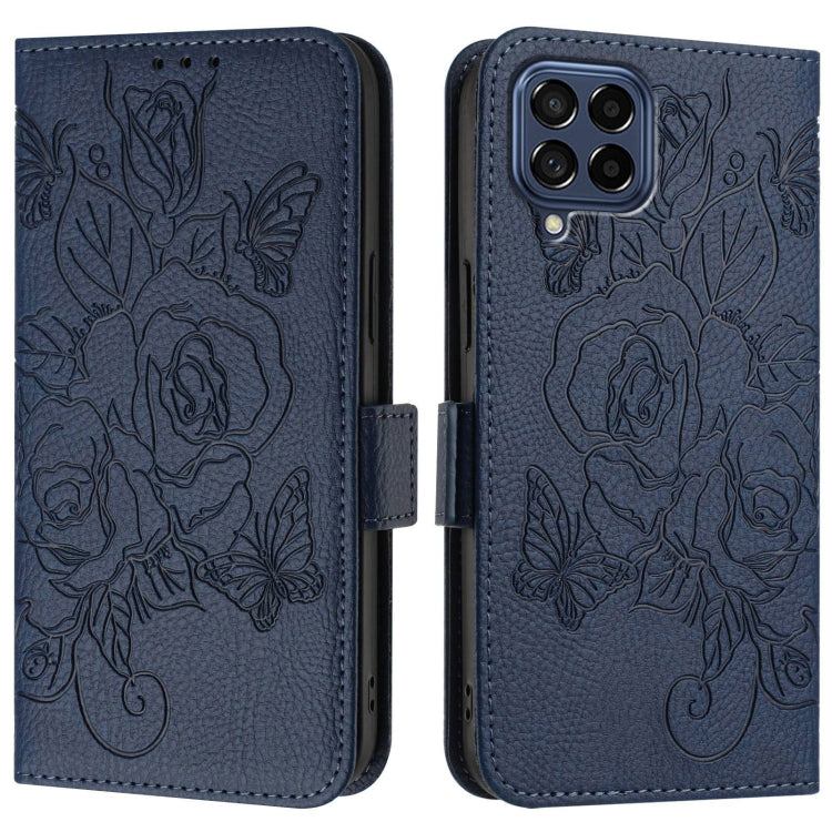 For Samsung Galaxy M53 5G Embossed Rose RFID Anti-theft Leather Phone Case