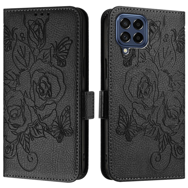 For Samsung Galaxy M53 5G Embossed Rose RFID Anti-theft Leather Phone Case