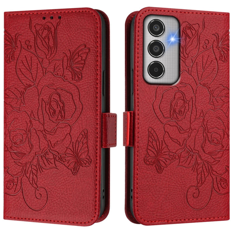 For Samsung Galaxy M35 Embossed Rose RFID Anti-theft Leather Phone Case