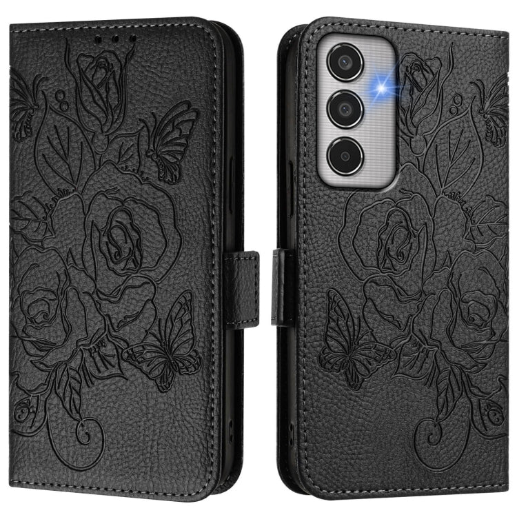For Samsung Galaxy M35 Embossed Rose RFID Anti-theft Leather Phone Case