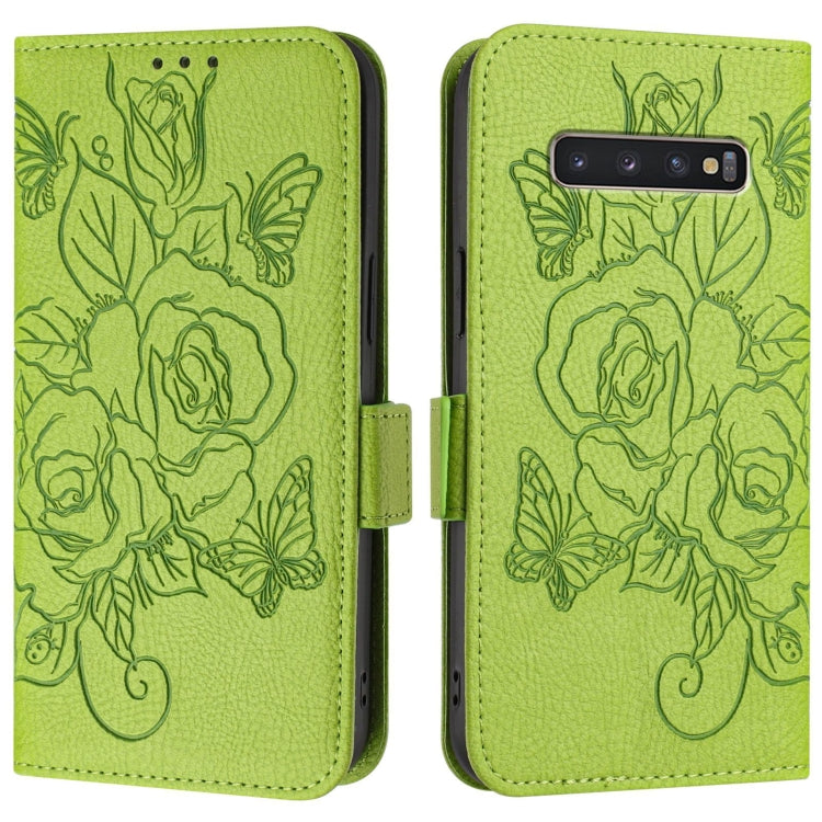 For Samsung Galaxy S10+ Embossed Rose RFID Anti-theft Leather Phone Case