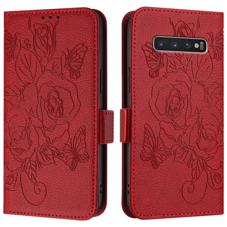 For Samsung Galaxy S10+ Embossed Rose RFID Anti-theft Leather Phone Case