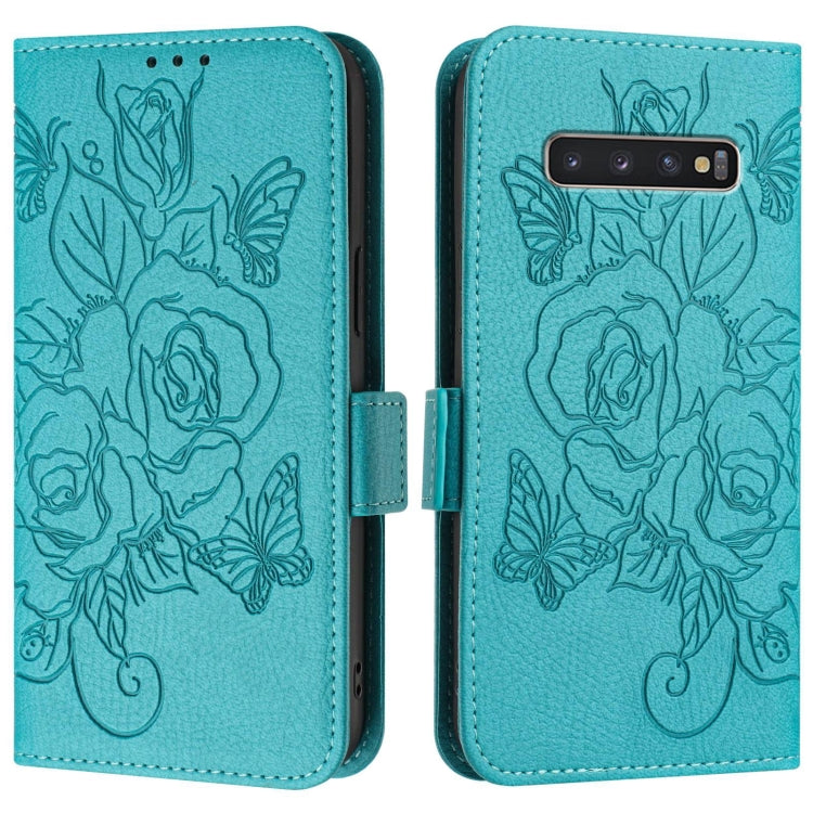 For Samsung Galaxy S10+ Embossed Rose RFID Anti-theft Leather Phone Case