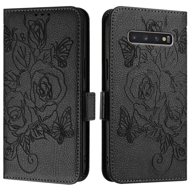 For Samsung Galaxy S10+ Embossed Rose RFID Anti-theft Leather Phone Case