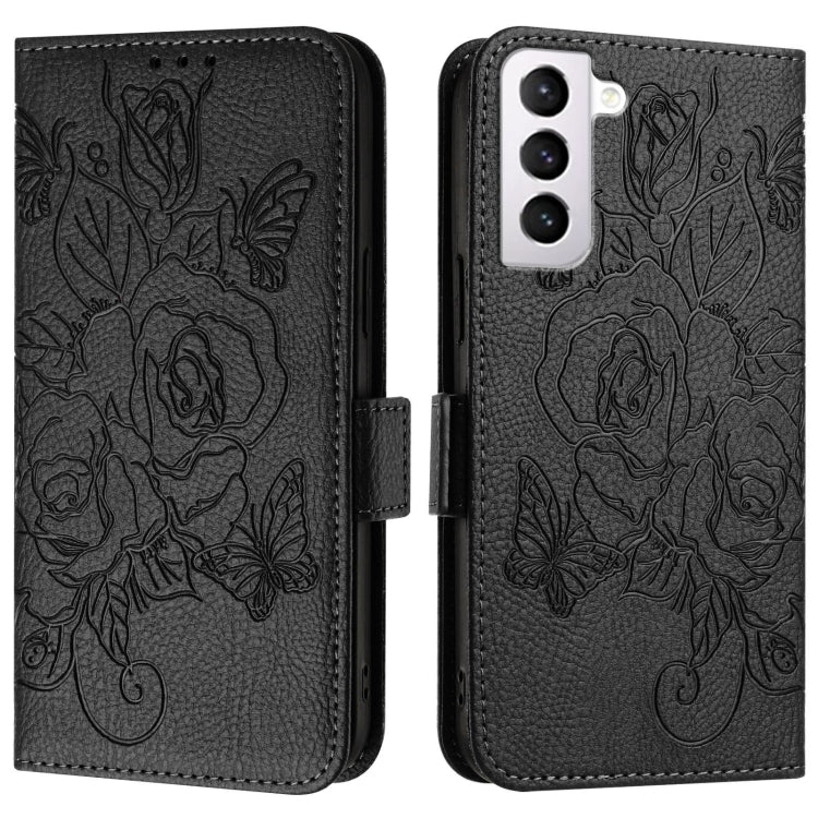 For Samsung Galaxy S21 5G Embossed Rose RFID Anti-theft Leather Phone Case