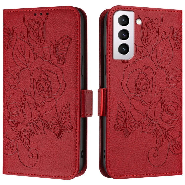 For Samsung Galaxy S21 FE 5G Embossed Rose RFID Anti-theft Leather Phone Case