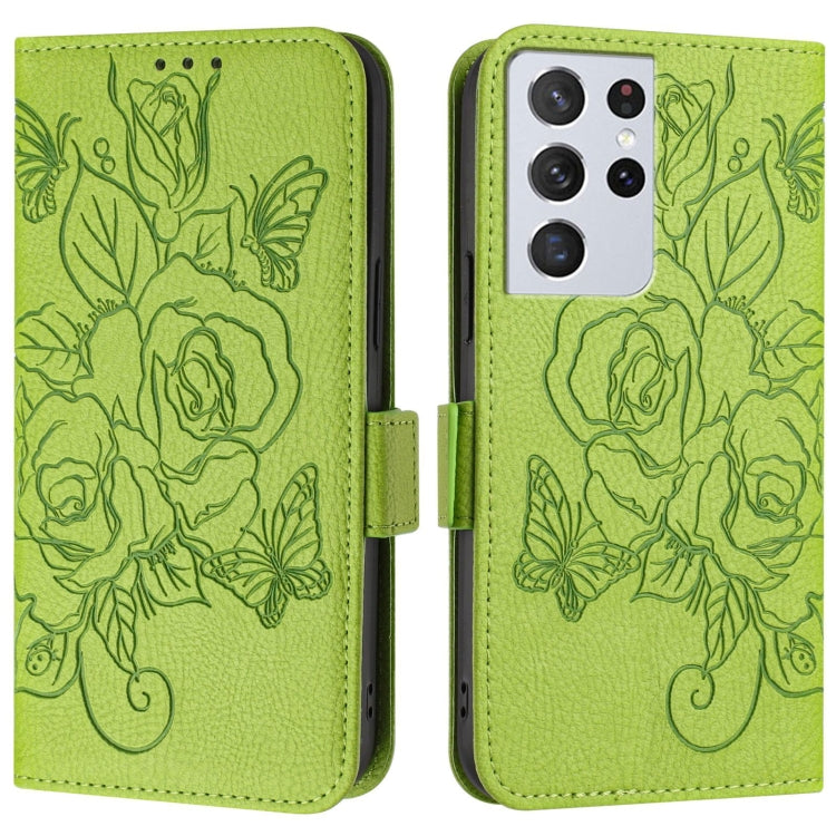 For Samsung Galaxy S21 Ultra 5G Embossed Rose RFID Anti-theft Leather Phone Case