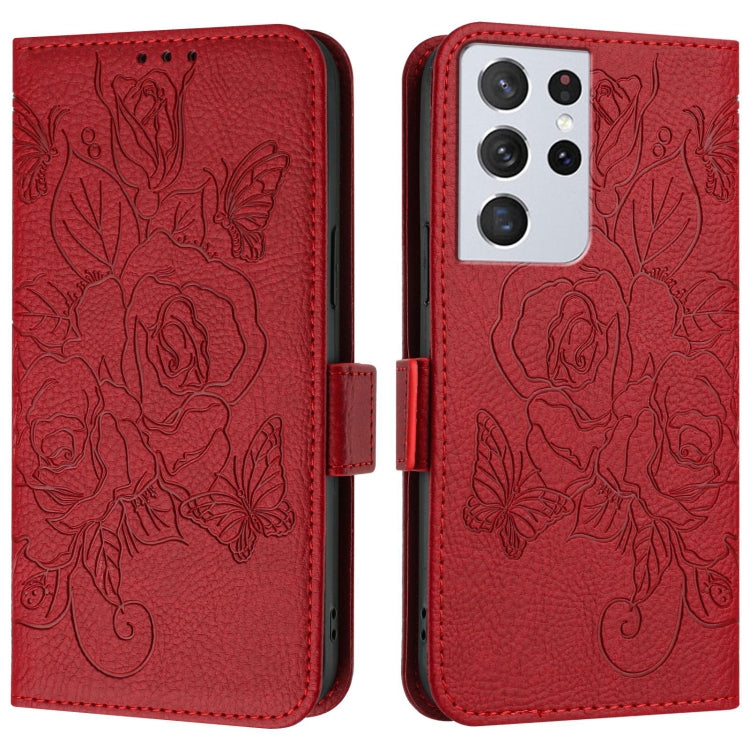 For Samsung Galaxy S21 Ultra 5G Embossed Rose RFID Anti-theft Leather Phone Case