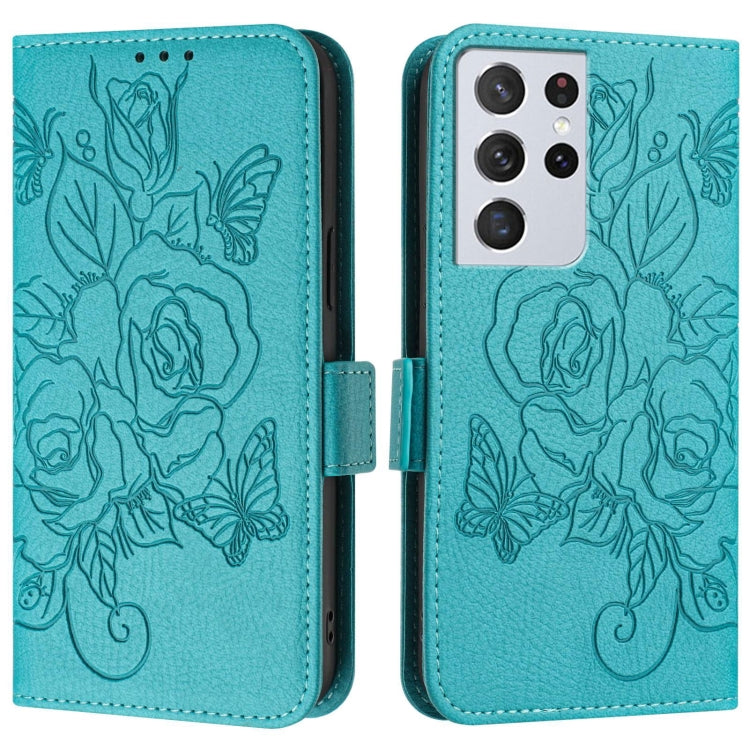 For Samsung Galaxy S21 Ultra 5G Embossed Rose RFID Anti-theft Leather Phone Case