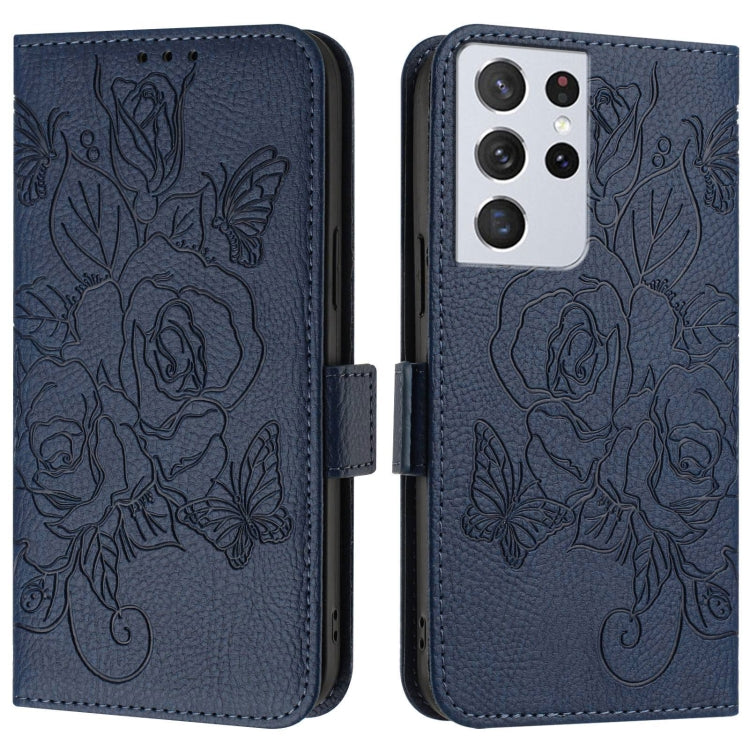 For Samsung Galaxy S21 Ultra 5G Embossed Rose RFID Anti-theft Leather Phone Case