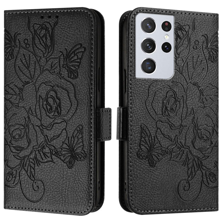 For Samsung Galaxy S21 Ultra 5G Embossed Rose RFID Anti-theft Leather Phone Case