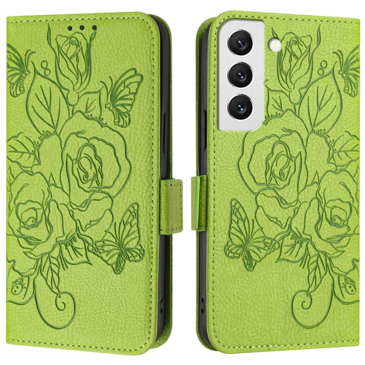 For Samsung Galaxy S22 5G Embossed Rose RFID Anti-theft Leather Phone Case