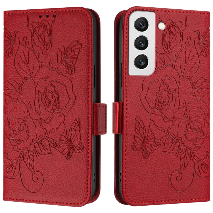 For Samsung Galaxy S22 5G Embossed Rose RFID Anti-theft Leather Phone Case