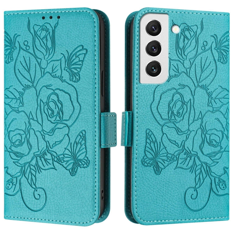 For Samsung Galaxy S22 5G Embossed Rose RFID Anti-theft Leather Phone Case
