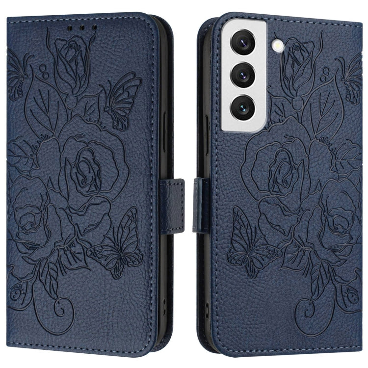 For Samsung Galaxy S22 5G Embossed Rose RFID Anti-theft Leather Phone Case