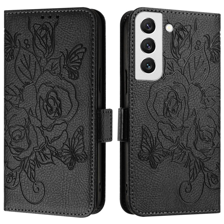 For Samsung Galaxy S22 5G Embossed Rose RFID Anti-theft Leather Phone Case