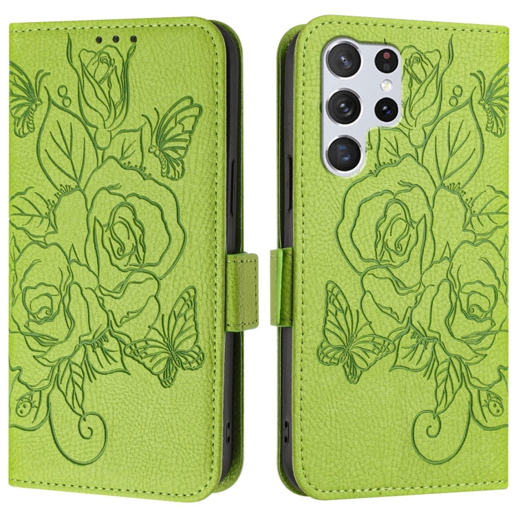 For Samsung Galaxy S22 Ultra 5G Embossed Rose RFID Anti-theft Leather Phone Case