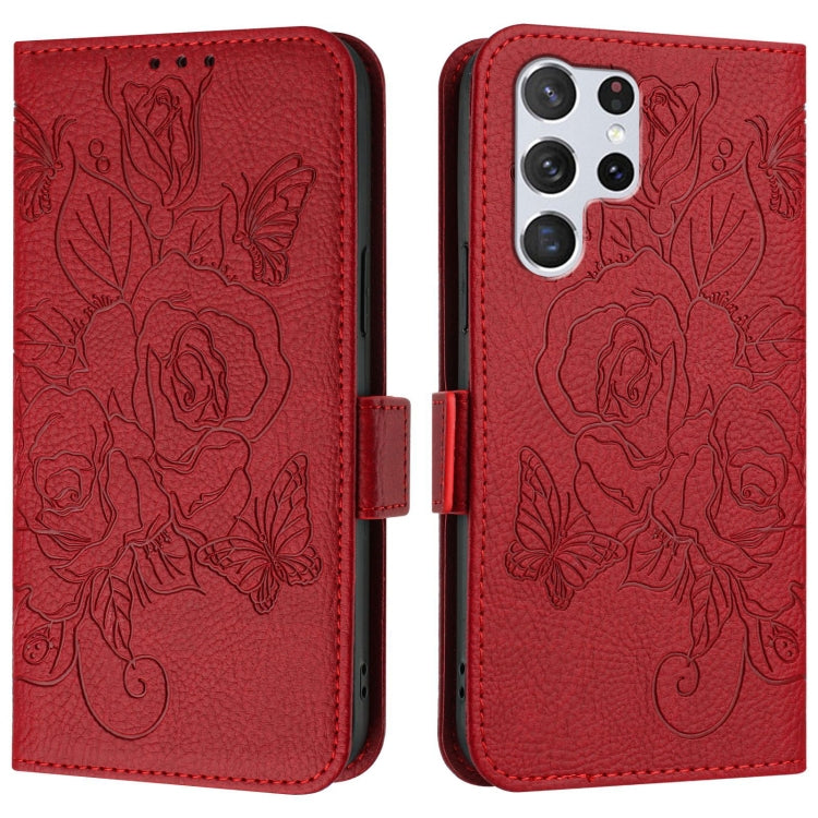 For Samsung Galaxy S22 Ultra 5G Embossed Rose RFID Anti-theft Leather Phone Case