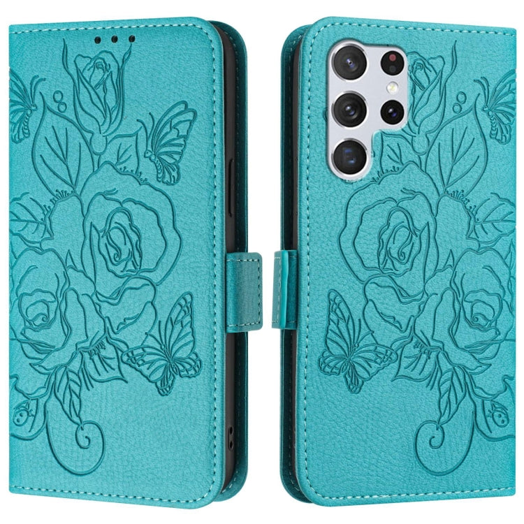 For Samsung Galaxy S22 Ultra 5G Embossed Rose RFID Anti-theft Leather Phone Case