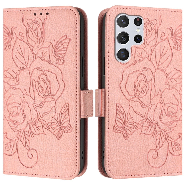 For Samsung Galaxy S22 Ultra 5G Embossed Rose RFID Anti-theft Leather Phone Case