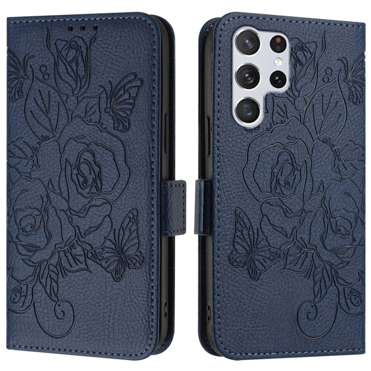 For Samsung Galaxy S22 Ultra 5G Embossed Rose RFID Anti-theft Leather Phone Case