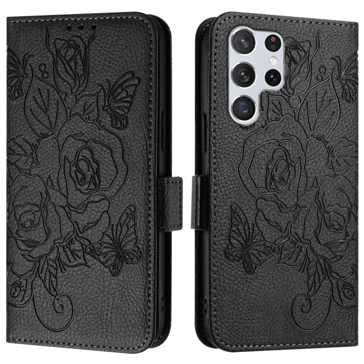 For Samsung Galaxy S22 Ultra 5G Embossed Rose RFID Anti-theft Leather Phone Case