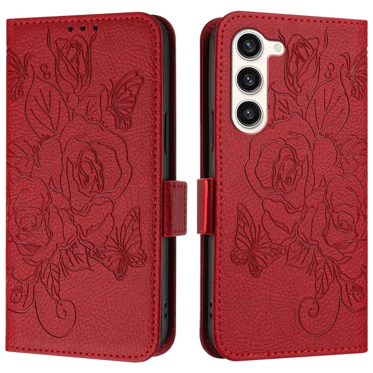 For Samsung Galaxy S23 5G Embossed Rose RFID Anti-theft Leather Phone Case