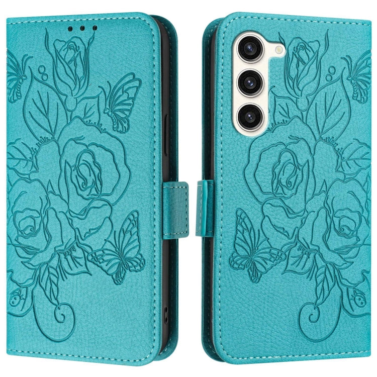 For Samsung Galaxy S23 5G Embossed Rose RFID Anti-theft Leather Phone Case