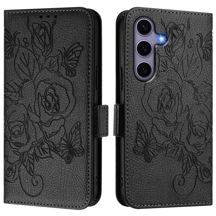 For Samsung Galaxy S25 5G Embossed Rose RFID Anti-theft Leather Phone Case