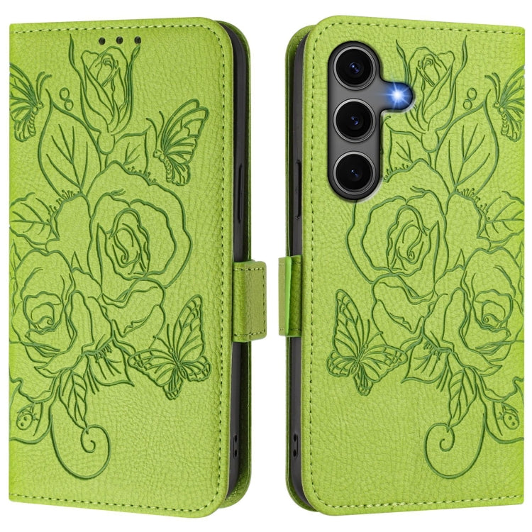 For Samsung Galaxy S25+ 5G Embossed Rose RFID Anti-theft Leather Phone Case