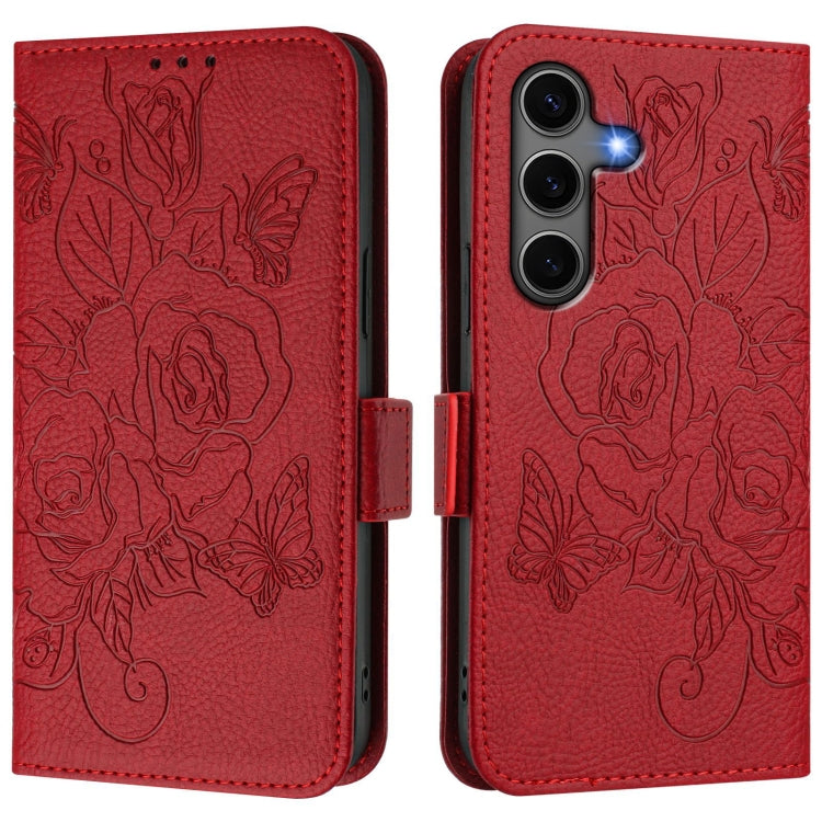 For Samsung Galaxy S25+ 5G Embossed Rose RFID Anti-theft Leather Phone Case