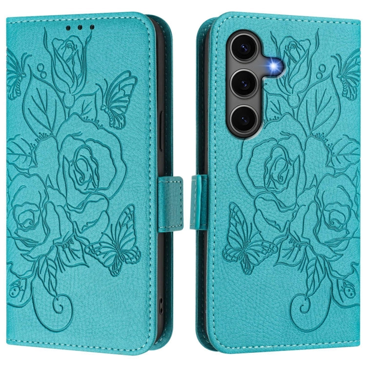 For Samsung Galaxy S25+ 5G Embossed Rose RFID Anti-theft Leather Phone Case