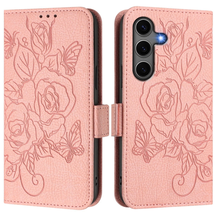 For Samsung Galaxy S25+ 5G Embossed Rose RFID Anti-theft Leather Phone Case