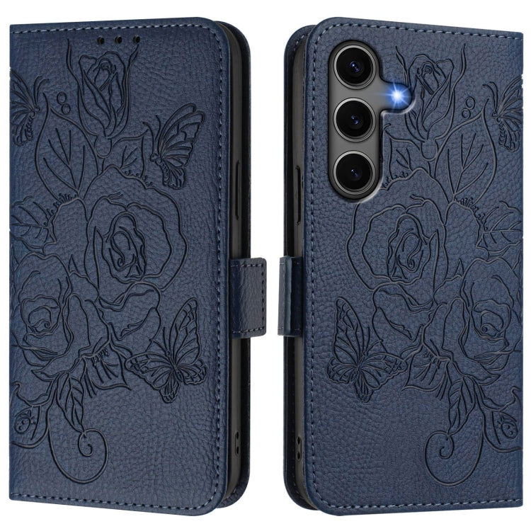 For Samsung Galaxy S25+ 5G Embossed Rose RFID Anti-theft Leather Phone Case