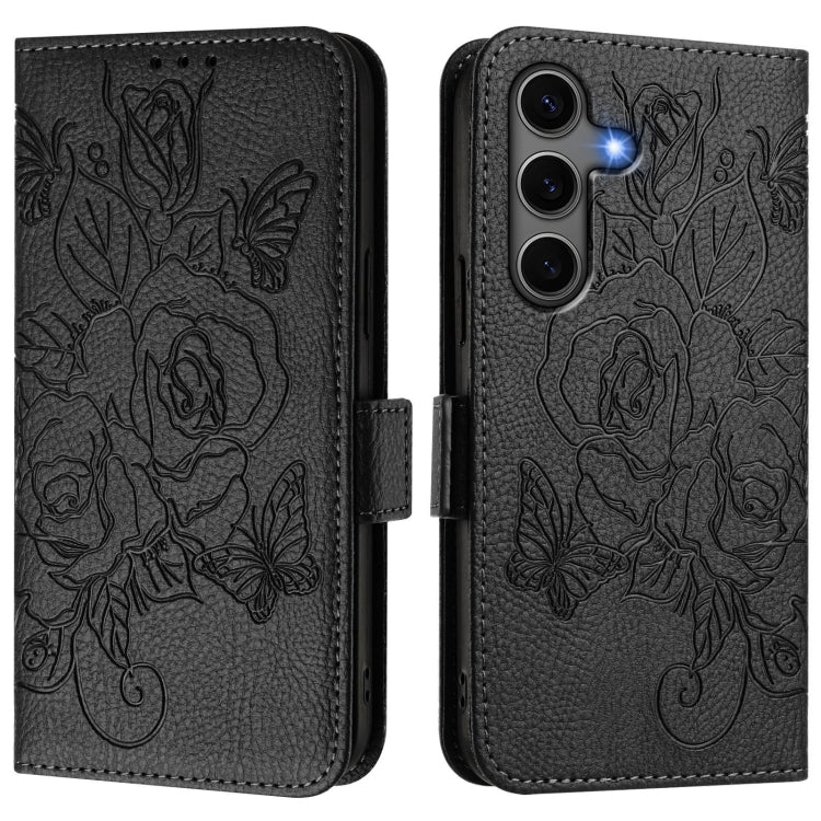 For Samsung Galaxy S25+ 5G Embossed Rose RFID Anti-theft Leather Phone Case