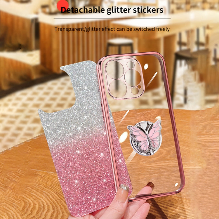 For iPhone 15 Pro Max Plated Gradient Glitter Butterfly Holder TPU Phone Case