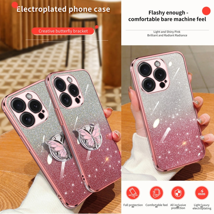 For iPhone 15 Pro Max Plated Gradient Glitter Butterfly Holder TPU Phone Case