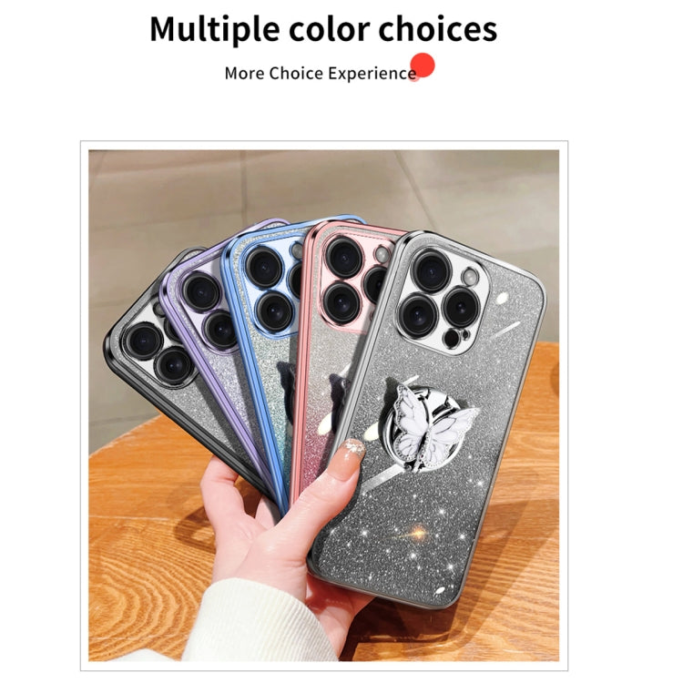 For iPhone 15 Pro Plated Gradient Glitter Butterfly Holder TPU Phone Case