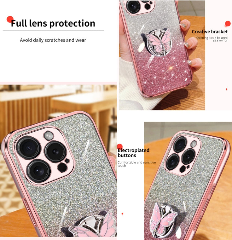 For iPhone 15 Pro Plated Gradient Glitter Butterfly Holder TPU Phone Case