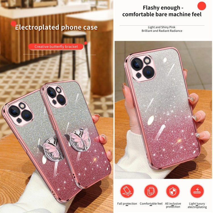 For iPhone 15 Plus Plated Gradient Glitter Butterfly Holder TPU Phone Case
